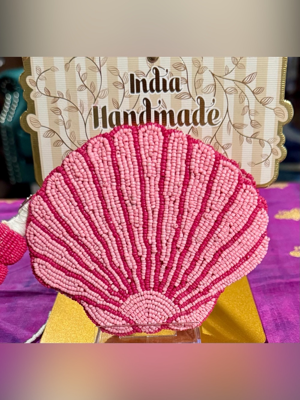 NWT Handcrafted in India Beaded Pink Seashell Pouch